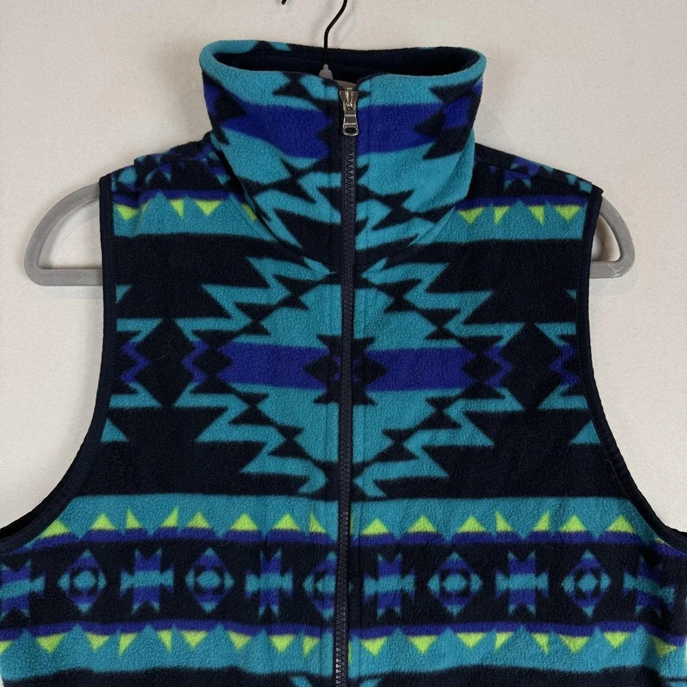 Chaps Vest Women Large Blue Teal Fleece Full Zip Southwestern Tribal Aztec Print
